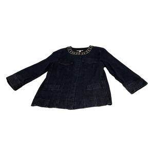 JM Collection Dark Denim Jacket Womens 6 Embellished Jewel Neckline Jean Jacket